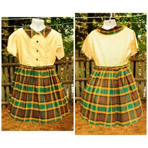 VTG Vintage Girls Ivory Green & Brown MacLaren Plaid Dress